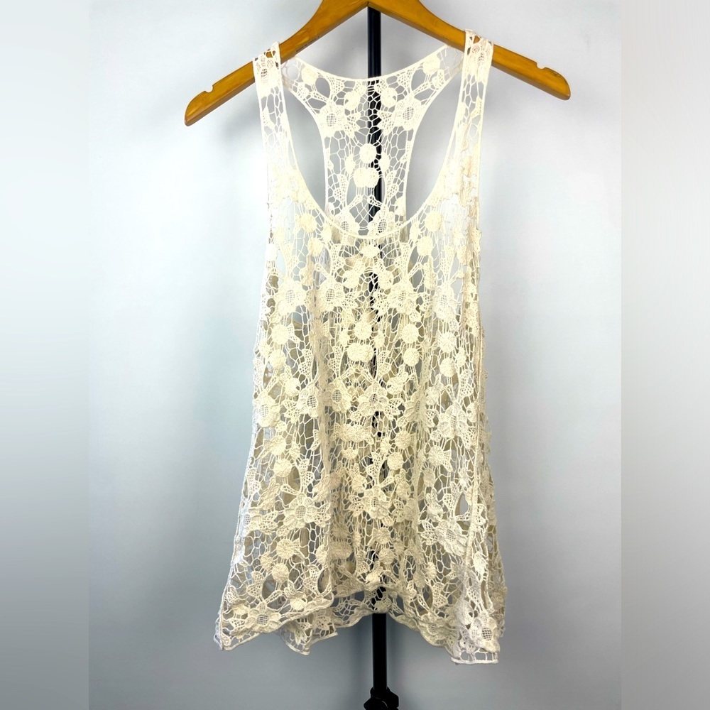 Cream Ivory Open Knit Floral Boho Racerback Tank‎ Top